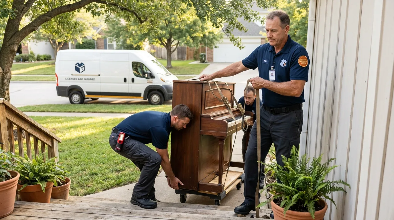 Licensed piano movers securing grand piano in Satellite Beach, FL